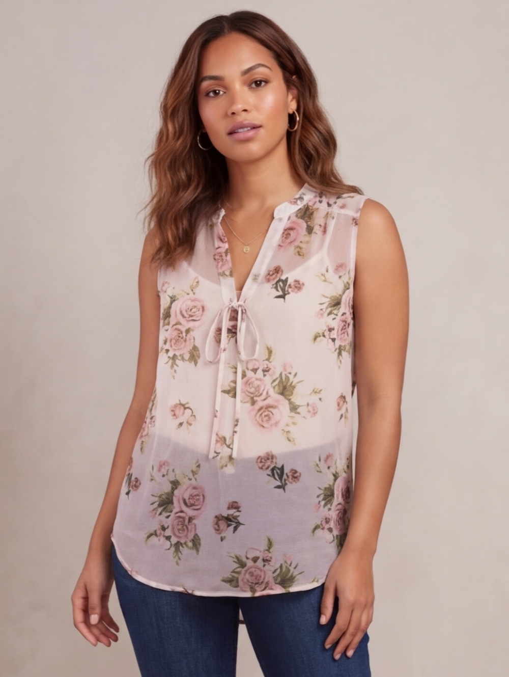 STELLA STEED Floral Blouse Sleeveless Sheer  SZ S Travel Summer Lightweight